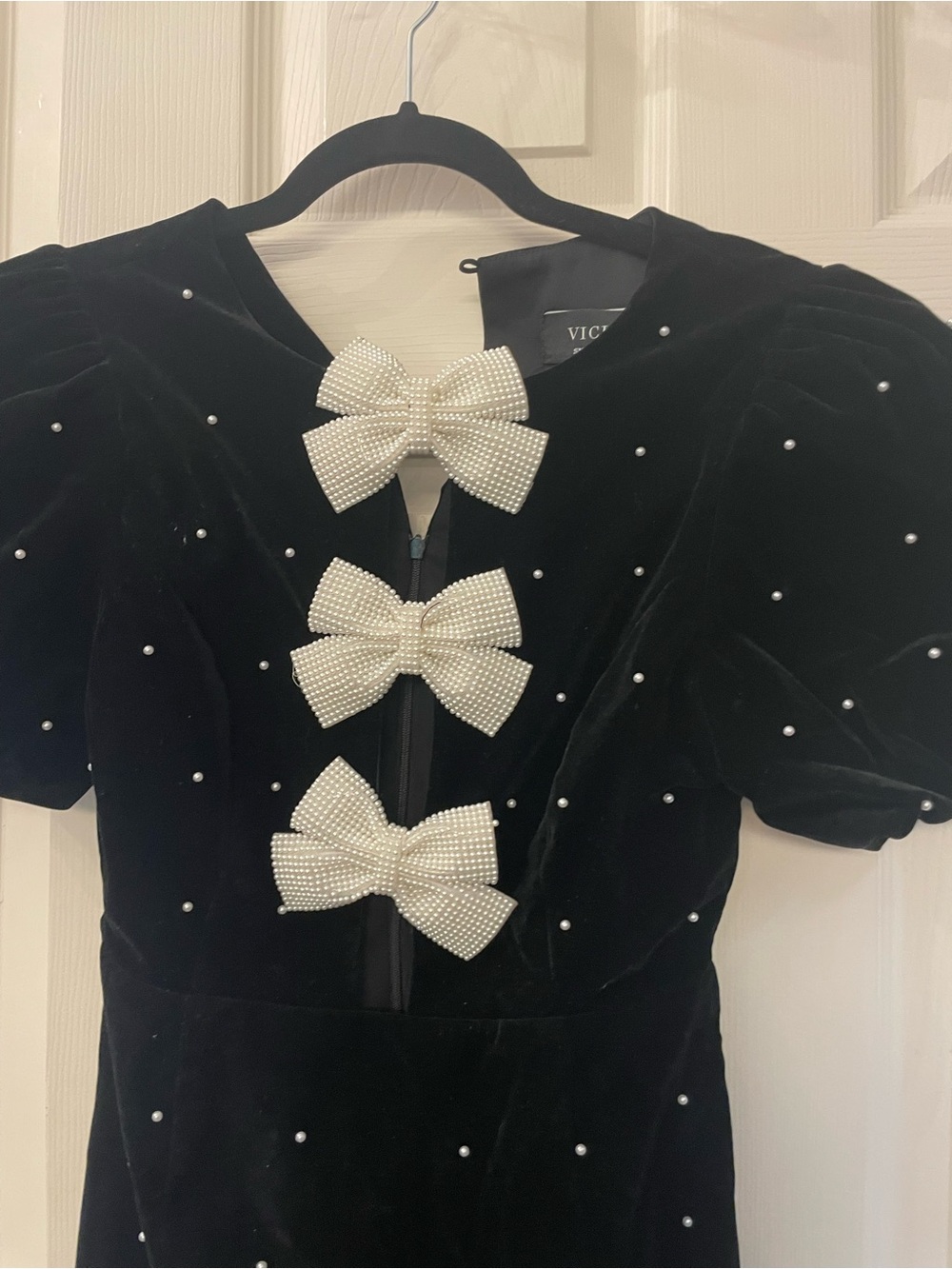 Vici Black Velvet Dress with Pearl Bow Detail